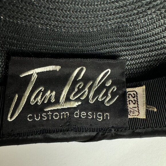 Vintage 50-60s Jan Leslie Elegant Small Hat Black Straw Satin Bow Size 22 1/2\